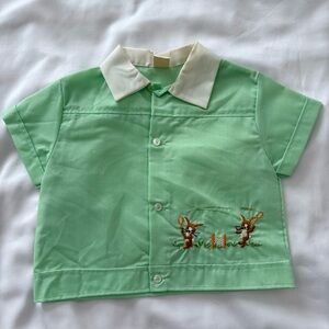 Vintage 60s mint button up shirt boys baby toddler rabbit embroidery 18 months